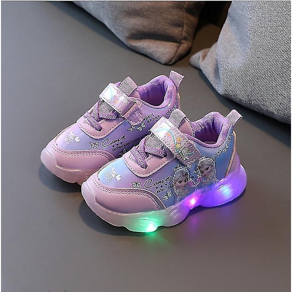 Frosne Elsa Mesh Sneakers Barn Shos Sommer Høst Led Barn Luminous Jenter Lys Baby Sneaker Sportsko Størrelse 22-31-WELLNGS Purple 29