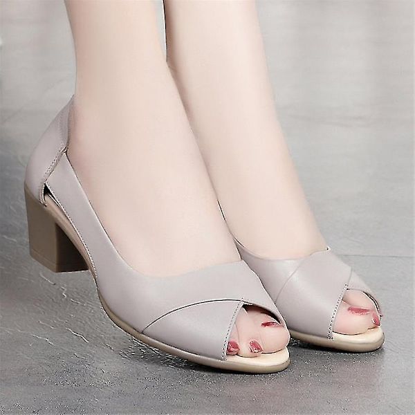 Kesäiset nahkaiset naisten kengät mukavat naiset keskikorkoiset sandaalit ontto peep toe neliön korko sandaalit naiset jalkineet-WELLNGS Gray 5cm 39