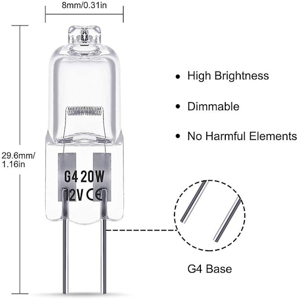 20 stk. G4 halogenpære 20w Dc12v indendørs halogen G4 lampe krystal lyspære