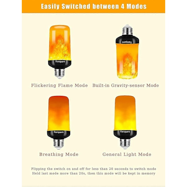 [Uppgraderad] LED-lampa med flammande effekt, 4 lägen flimrande glödlampor, E26/e27-sockel flamlampa, Jul (2-pack) - WELLNGS