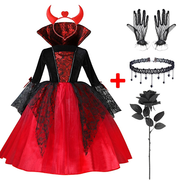 Cosplay Vampyr Halloween Kostyme Barn Spøkelsesbrud Gotisk Kostyme Grev Vampyr Karneval Kostyme Svart Rød Klær 5 Deler Spøkelsesbrud E2-WELLNGS 5PCS Ghost Bride E2 130cm