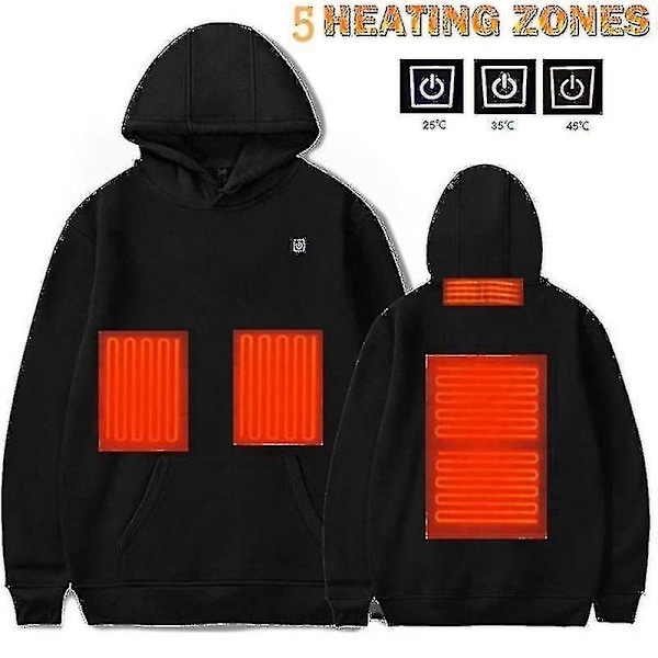Opvarmede Hoodies, USB Elektrisk Opvarmet Letvægts Hooded Sweatshirt Jakke - WELLNGS Black L