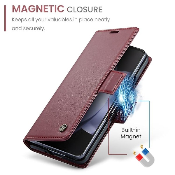 Samsung Galaxy Z Fold5 CaseMe 023 Perhoslukko Litsi-kuvio RFID Varkaudenestolla Varustettu Nahkainen Puhelinkotelo - WELLNGS Wine Red