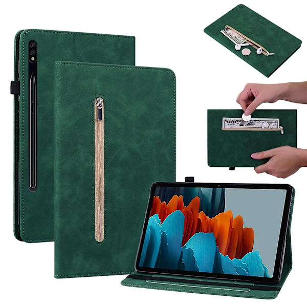 for Samsung Galaxy Tab S9+ PU Læder Tablet Etui Lynlås Lomme Kortspor Pung Stativ Cover-Grøn-WELLNGS Green
