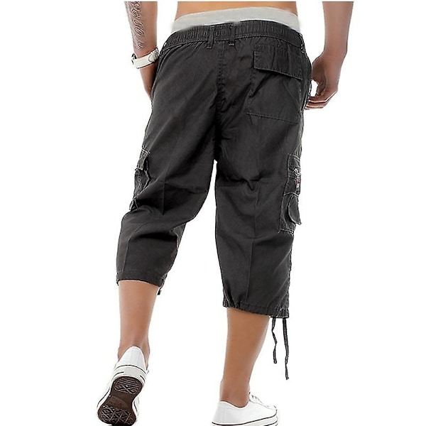 Herrar Innersöm Under Knälångd Cargo Långa Shorts Casual Twill Elastisk 3/4 Capri Byxa med Dragkedja Cotto-WELLNGS Light grey S