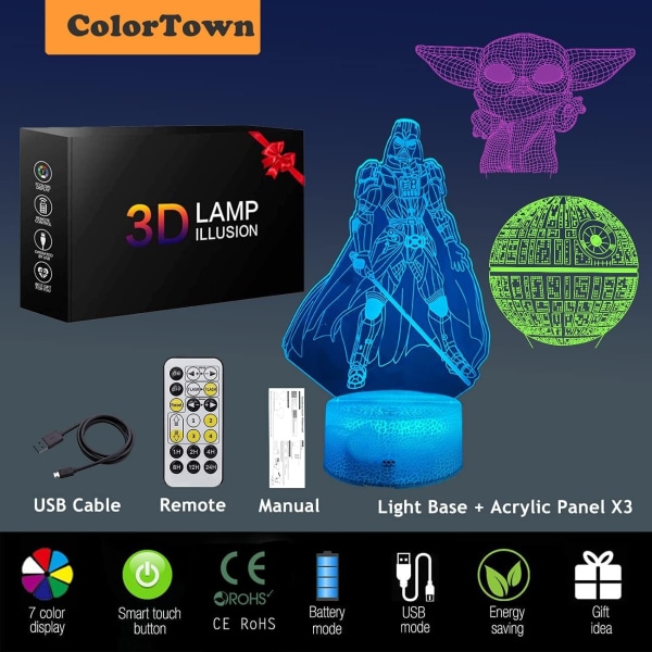 Star Night Light Wars 3D-lampe, Star Wars-lampe, 3 mønstre 3D-natlys, gaver til børn, drenge 7 farveskiftende Star Wars-d-WELLNGS Star Wars Combo-paket