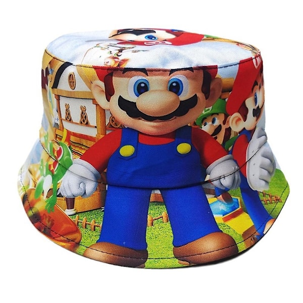 Kids Reversible Super Mario Bucket Hat Boys Girls Beanie Sun Hat Cartoon Fisherman Hat Caps-WELLNGS B