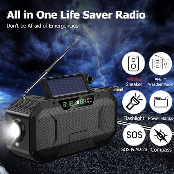 Bärbar Bluetooth-högtalare med Clockwork Radio AM FM, 5000mAh Power Bank IPX5 Vattentät Solar Handvev Radio med LED-ficklampa, SOS Alarm-WELLNGS