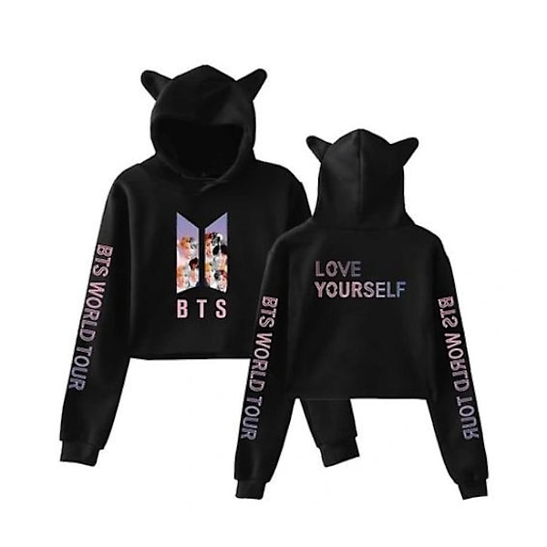 Bts koreansk gruppe perifer casual navel-baring katteører pige trykt sweatshirt-WELLNGS Black J0262 XXL