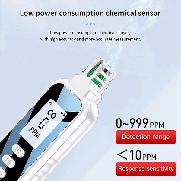 Bärbara kolmonoxiddetektorer för resor, LCD-display handhållen CO-detektor med 2 AAA-batterier, (Vit)-WELLNGS
