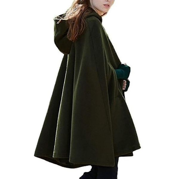 Dame Hætteklædt Kappe Poncho Frakke Jakke Løs Afslappet Overtøj Vinter-WELLNGS Army Green M