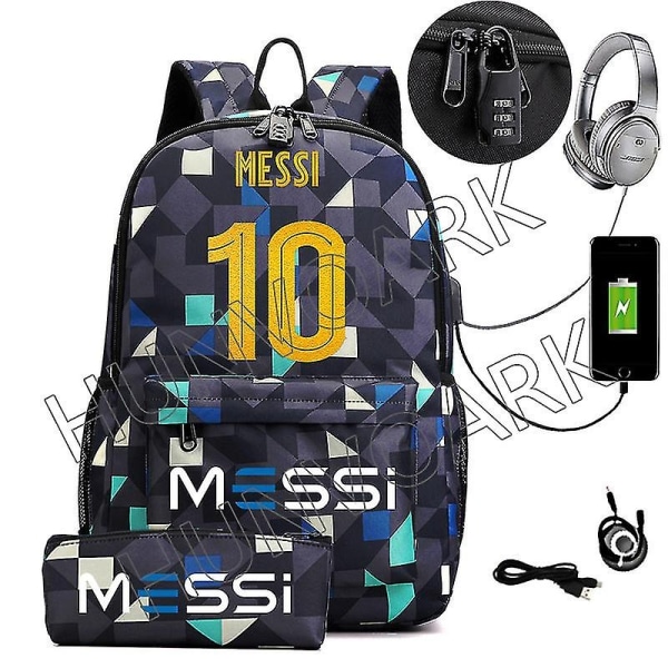 Messi Vattentät Ryggsäck USB Laddning Casual Resväska Kvinnor Män Stor Kapacitet Resa Laptop Ryggsäck Skolväska Gold-WELLNGS Gold none