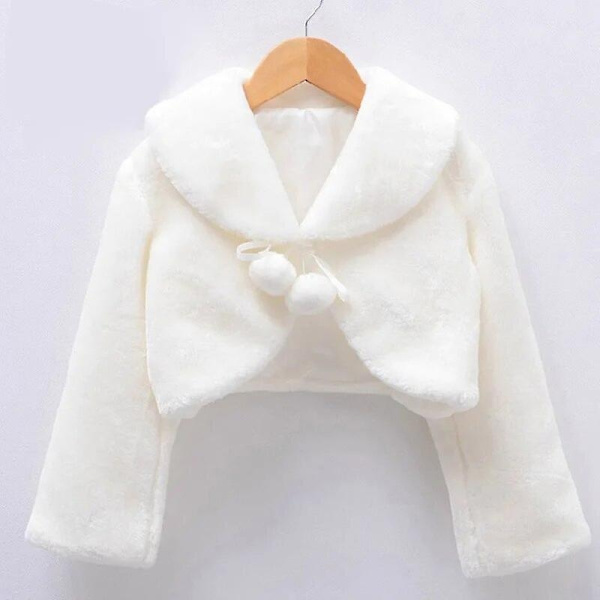 Pigebørn Prinsesse Tyk Plysjakke Afgrøde Wraps Sjal Blomsterpiger Lange Ærmer Bolero Varmt Kappe Bryllup Fødselsdagsfest Frakke -WELLNGS White S(95-105cm)