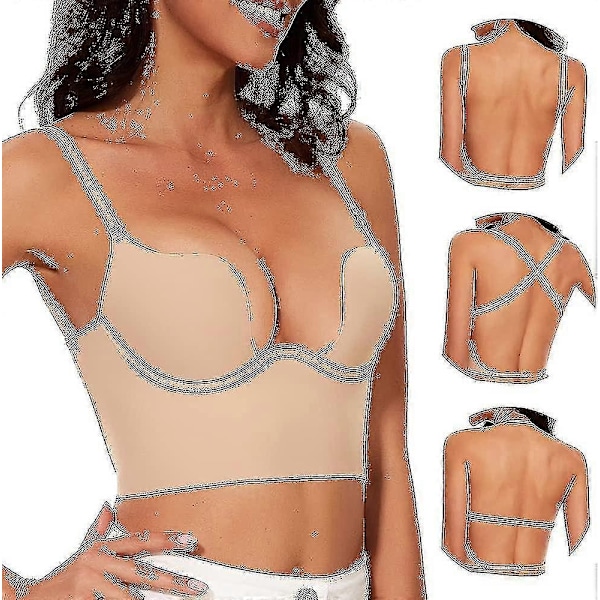 Dame Bh'er med Lav Ryg - Sømløs Dyb U-Formet Halter Bh'er Konvertible Multi-Vejs Lav Udsnit Halter Bh'er Camisole Bh'er - WELLNGS Nude 34C