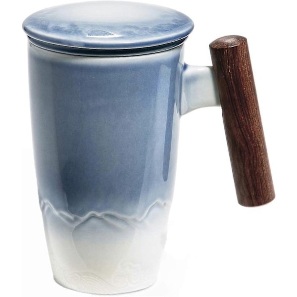 Tekop med låg, porcelænskop med rustfrit stål te-infuser, gradient farve stor keramisk tekop, velegnet til kontor og hjemmebrug - WELLNGS Blue White Gradient