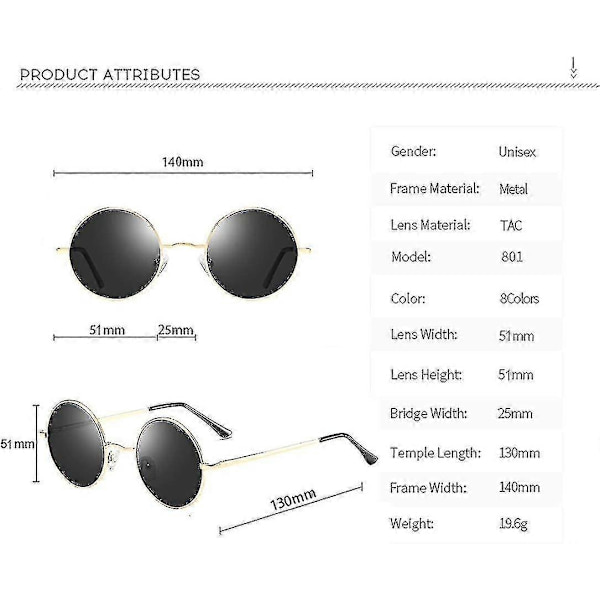 Retro Round John Lennon Polarisoivat Aurinkolasit Miehille ja Naisille Pyöreät Hippi Aurinkolasit - WELLNGS Black Lens-gold Frame