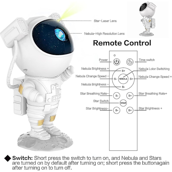 Astronaut Galaxy Projektor Stjernehimmel Nattelys, Astronaut Stjerneprojektor med Nebula, Timer og Fjernbetjening, Stjernelampe til Soveværelse-WELLNGS