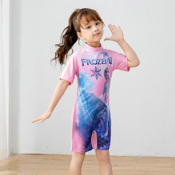 Jäätyneiden tyttöjen lasten uimapuku lyhyillä hihoilla, piirretty uimapuku, uimapuku - WELLNGS Pink 3-4 Years