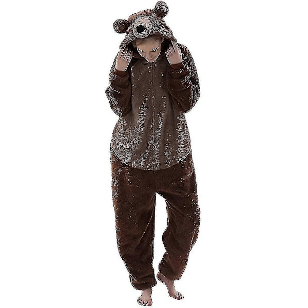 Snug Fit Unisex Voksen Onesie Pyjamas Dyr Enkeltdel Halloween Kostume Nattøj - WELLNGS Brown 3-4t