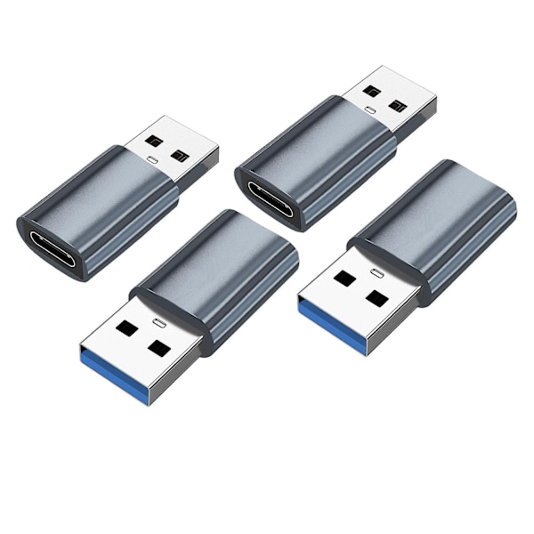 4 stk. USB 3.0 til Type C hunnadaptere - Enkel å bruke - Aluminiumlegering USB-konverter - Grå - WELLNGS Gray