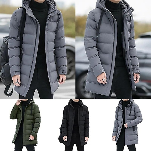 Herre Vinter Varm Lang Yttertøy Hette Tykk Mid-lengde Hette Foe Varm Frakk Vinter Puffer Jakke Mote Parka Overcoat-WELLNGS Green XL