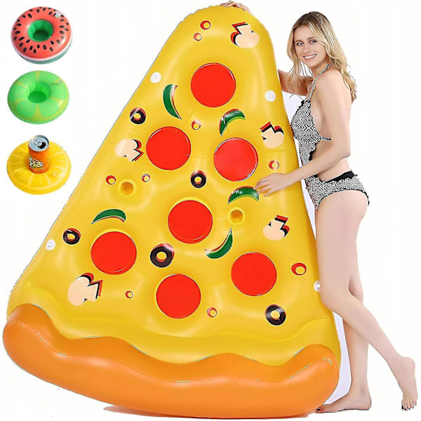 Gigant oppblåsbar pizzaskive bassengflyter med 3 stk oppblåsbare drikkeholdere, 180cm x 150cm ekstra stor oppblåsbar bassengflyter for voksne-WELLNGS