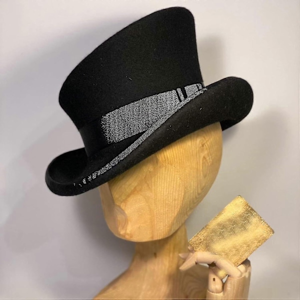 Epäsymmetrinen silinterihattu, villahattu, naisten, miesten, unisex-hattu, steampunk-hattu, silinterihattu, muoti, nauhakoristeinen hattu, päänsuoja miehille - WELLNGS Black