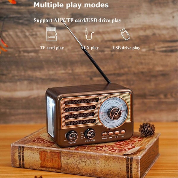 Bärbar Retro Radio Vintage Bluetooth Högtalare FM/AM Radio Mottagare med LED Ficklampa, Stöder TF-WELLNGS