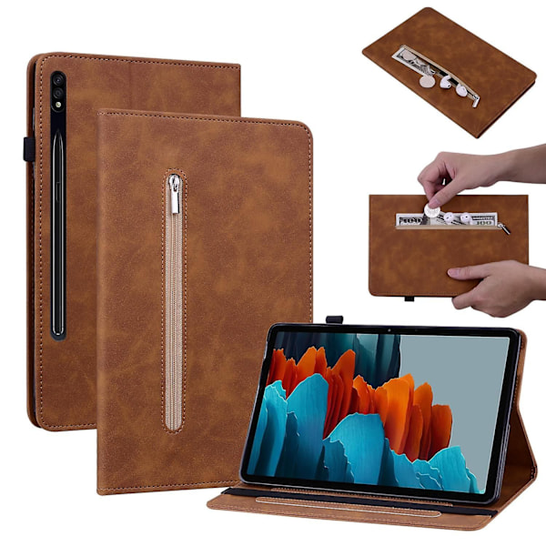 for Samsung Galaxy Tab S9+ PU Läder Tablet Fodral Dragkedja Fack Kortplatser Plånbok Stativfodral-Brun-WELLNGS Brown