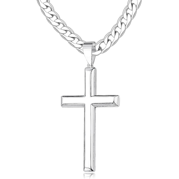 925 Sterling Sølv Kors Halskæde Til Mænd Kvinder 45mm Rustfrit Stål Højpoleret Cubansk Led Kæde 18k Hvidguld Pletteret Skrå Kant Krucifiks 28in-71cm