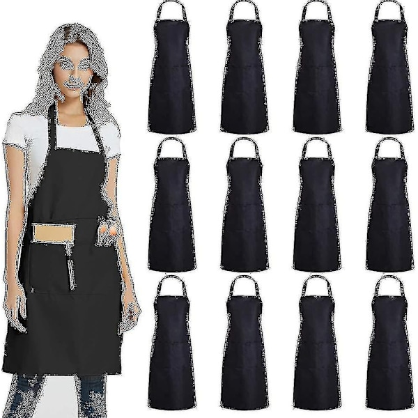 12 kpl Yksinkertaisia Etuliinoja 2 Taskulla - Musta Unisex Kaupallinen Etuliina Paketti A - shengX-WELLNGS Black