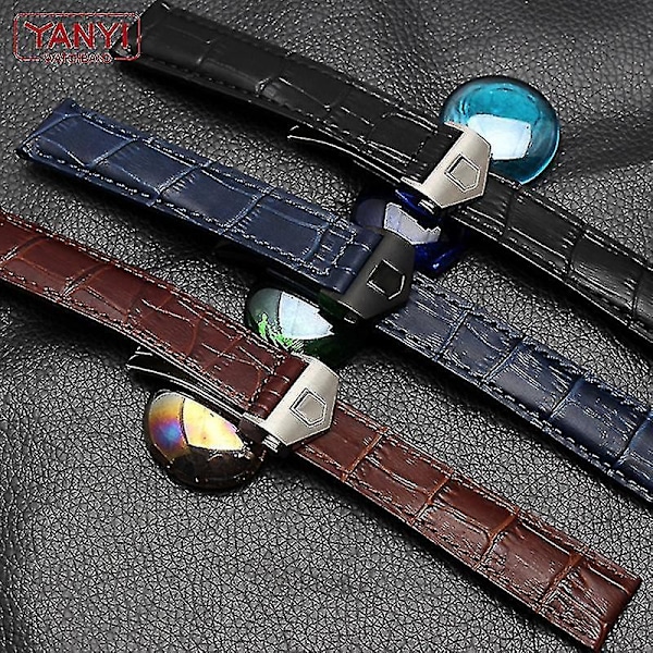 Tag Heuer Ekte Lærarmbånd Armbånd med Foldespenne - Svart/Rød/Svart (19mm/20mm/22mm)-WELLNGS black silver buckle 22mm