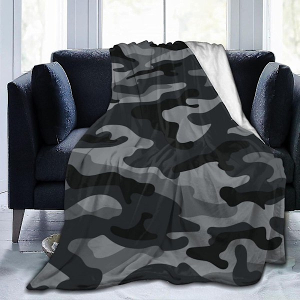 Militärkamouflagefilt Ultra Mjuk Varm Alla Säsonger Svart och Grå Camo Dekorativ Fleecefilt för Säng Stol Bil Soffa Soffgrupp Sovrum-WELLNGS 80x60in 200x150cm