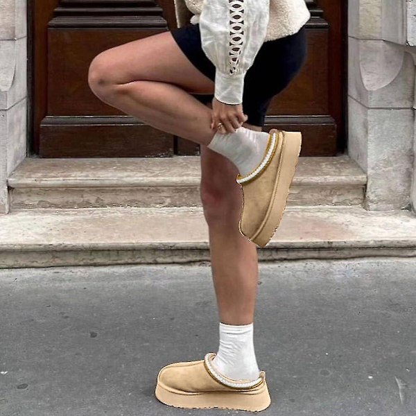 Damsko plattform mini stövletttofflor, damtofflor inomhus, halkskyddande pälsfoder i mocka ankelsko - WELLNGS Beige EUR36