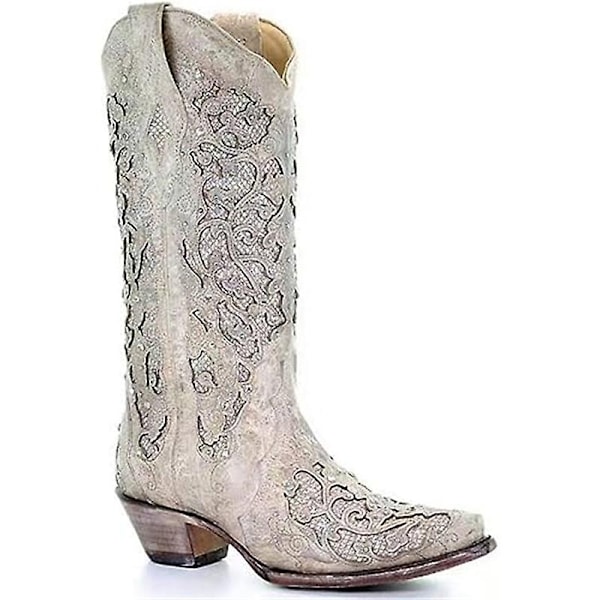 Naisten Teräväkärkiset Glitter-Hääkirjonta-Saappaat Kristalli Naiset Cowboy-Saappaat - WELLNGS WHITE 41