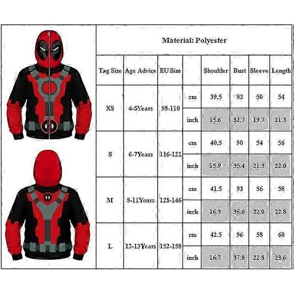 Børne Drenge Fuldt Lynlås Deadpool Hættetrøje Top Langærmet Efterår Hættetrøje Løstsiddende Trøje Tøj - WELLNGS 4-5Years