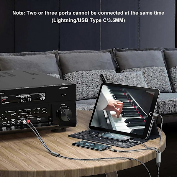Lightning - RCA-kaapeli Audio Aux -sovitin, RCA - 3,5 mm:n kaapeli USB C - 2 RCA-äänikaapeli, 3 in 1 -äänikaapeli autoon, kotiteatteriin, kaiuttimeen - WELLNGS