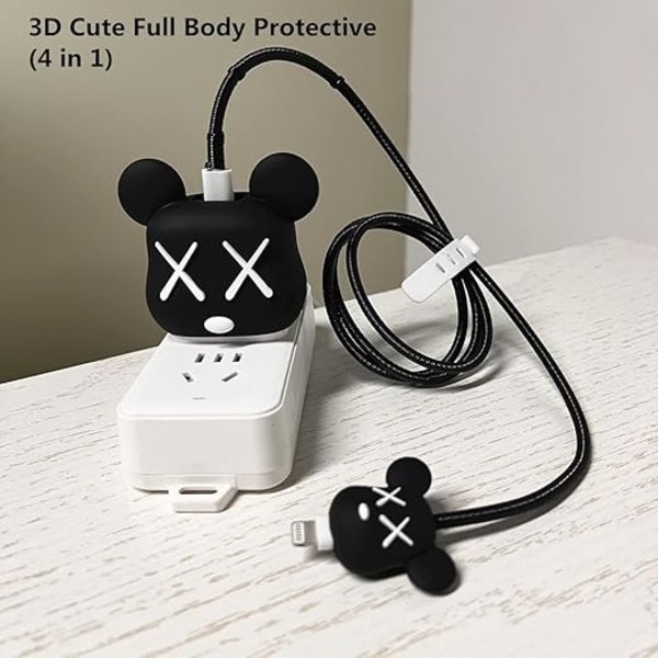 Søtt tegneserie hurtiglader beskyttelsesetui for Apple 18W 20W iPhone 14 13 12-WELLNGS black violent bear