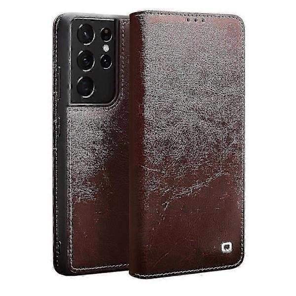 QIALINO Ekte Skinn Telefondeksel Kompatibelt med Samsung Galaxy S21 Ultra 5G Stativ Lommebok Folio Flip Case P20250110223-WELLNGS Brown