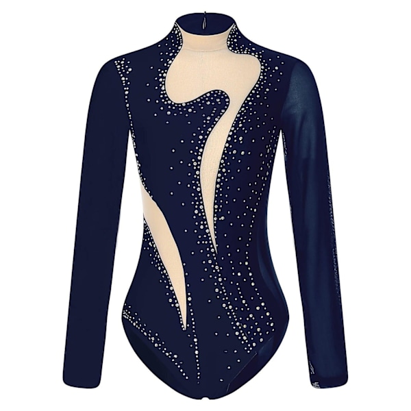 Kvinners skinnende metalliske ballettdans trikot voksen gymnastikk body lang ermet lappeteppe akrobatikk kunstløp jumpsuit-WELLNGS Navy Blue B XXL