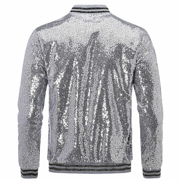 Allthemen Herre Sequin Casual Zipper Fest Bomber Jakke-WELLNGS Silver XL