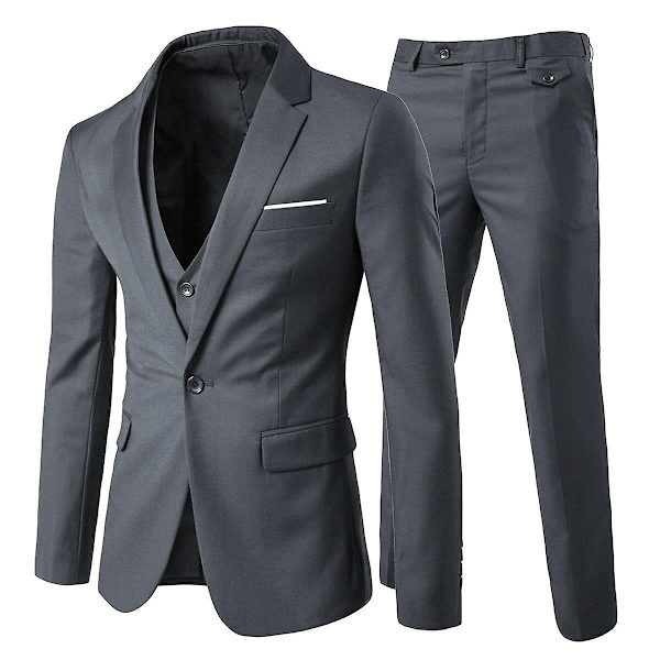 Allthemen Miesten Puku 3-Osainen Liiketoiminta Yksivärinen Slim Fit Puku Takki&Housut&Liivit-WELLNGS Dark Gray 2XL