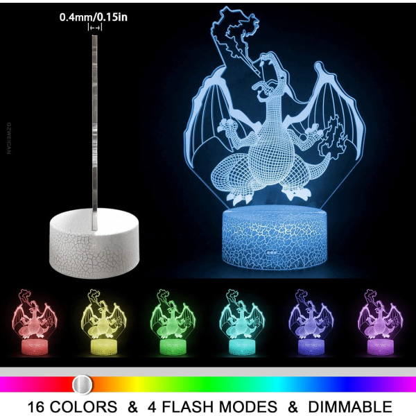 WJ 3D Illusion Night Light Dragon LED-bordlampe med fjernbetjening 16 farveskift til boligindretning Fødselsdag-WELLNGS eldsprutande drake