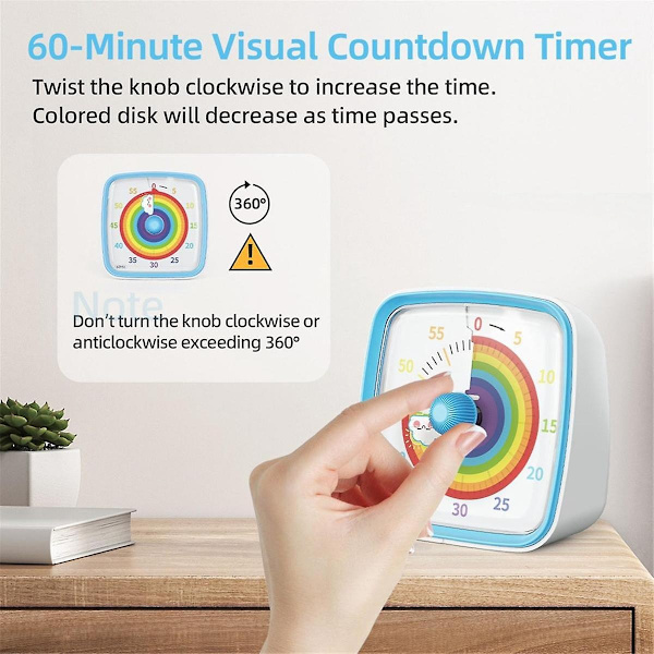 60-minutters visuel timer med nattelys, nedtællingstimer, Pomodoro-timer med regnbue mønster til Ki-WELLNGS