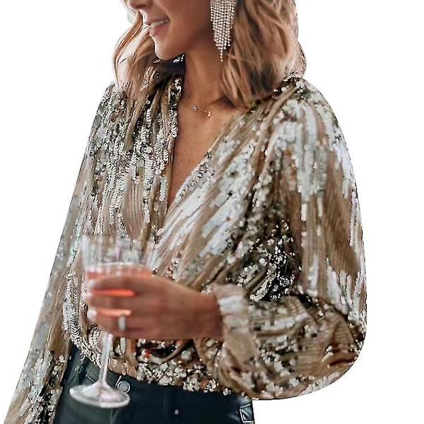 Kvinnors Sequin Sparkle V-ringad långärmad skjorta för fest - WELLNGS gold L