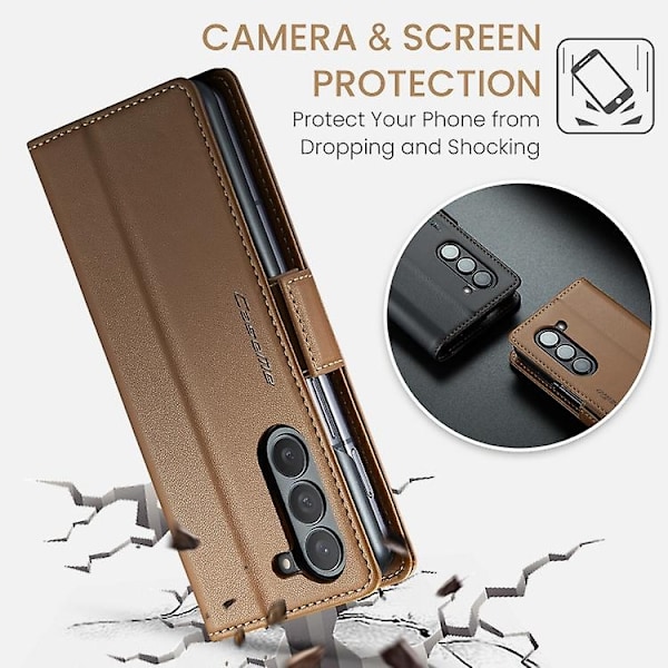 Til Samsung Galaxy Z Fold5 CaseMe 023 Sommerfugl Spænde Lychee Korn RFID Tyverisikring Læder Telefon Cover - WELLNGS Brown