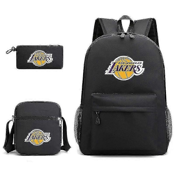 Kolmiosainen koululaukku Lakers-painatuksella, kynäkotelo ja olkalaukku -r-WELLNGS Black Three piece set