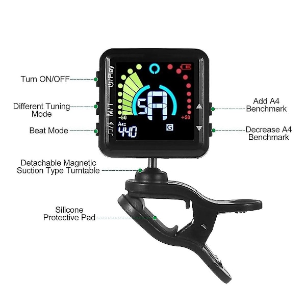 Gitarrstämmare Uppladdningsbar, Clip On Tuner med Lcd Färgskärm med Gitarr, Ukulele, Fiol och Ch-WELLNGS