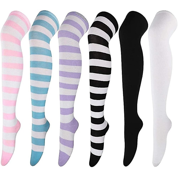 6 Pairs High Thigh Socks Striped Over Knee Thin Tights Long Stocking Knee High-WELLNGS 0 0