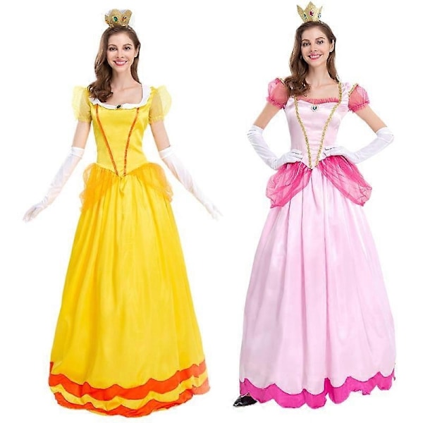 Kvinnors Super Mario Peach Cosplay Kostym Rosa Prinsessklänning + Handskar + Huvudbonad Set Karneval Party Set - WELLNGS Yellow S